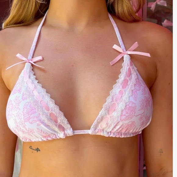 Pink white floral rose dainty bow coquette bows bikini country milkmaid swimsuit